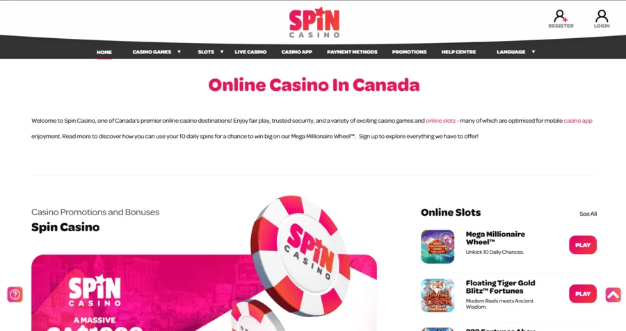 Spin Casino homepage screenshot