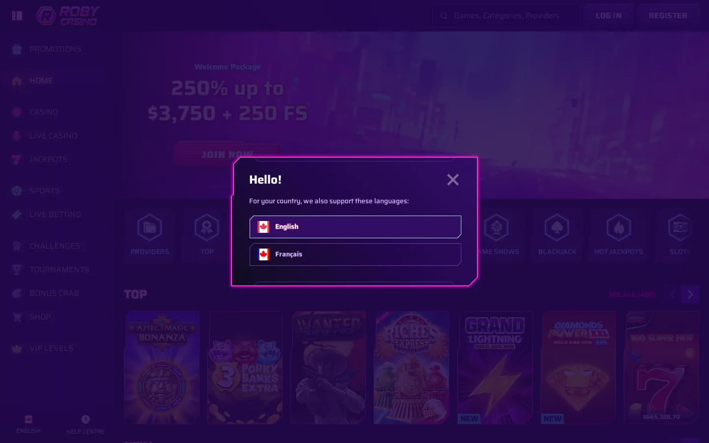 Roby Casino desktop view